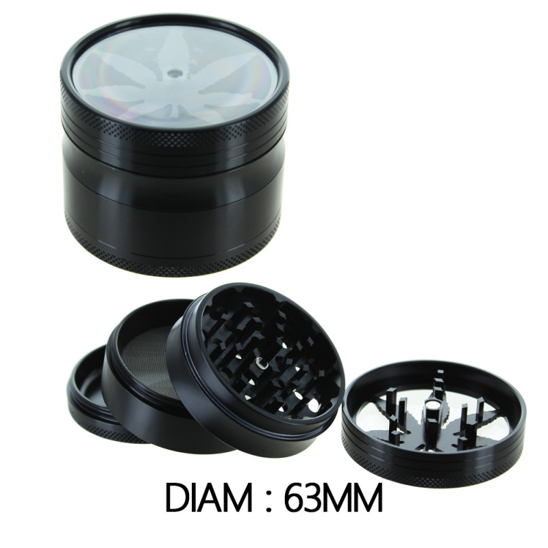 Grinder Alu Noir Motif Feuille - "Leaf" - 63mm Grinder Alu Noir Motif Feuille - "Leaf" - 63mm